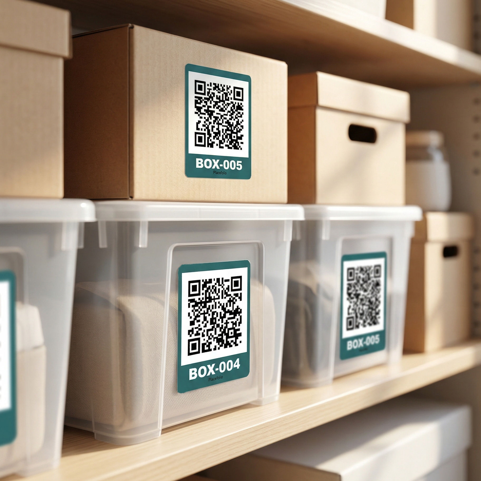 Storage shelf with clear bins and cardboard boxes labeled with PlaceFolio QR labels